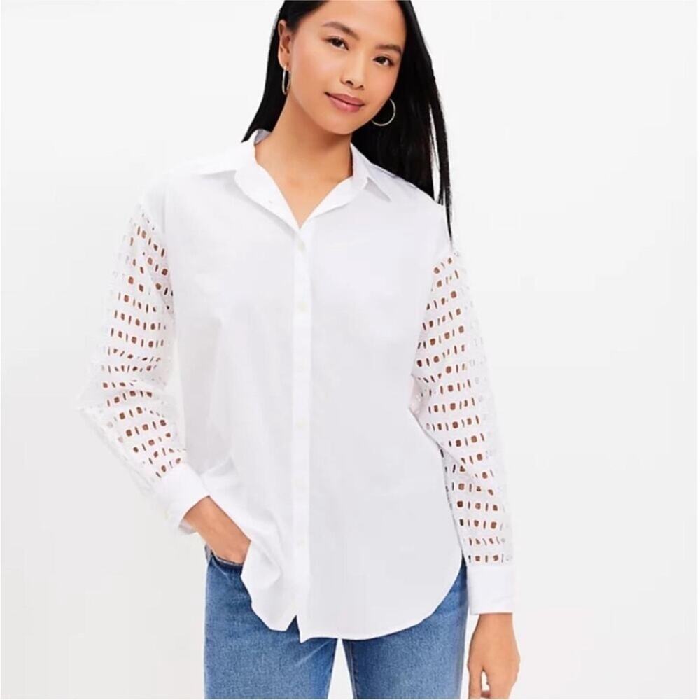 LOFT Eyelet Sleeves White Button Down Shirt S